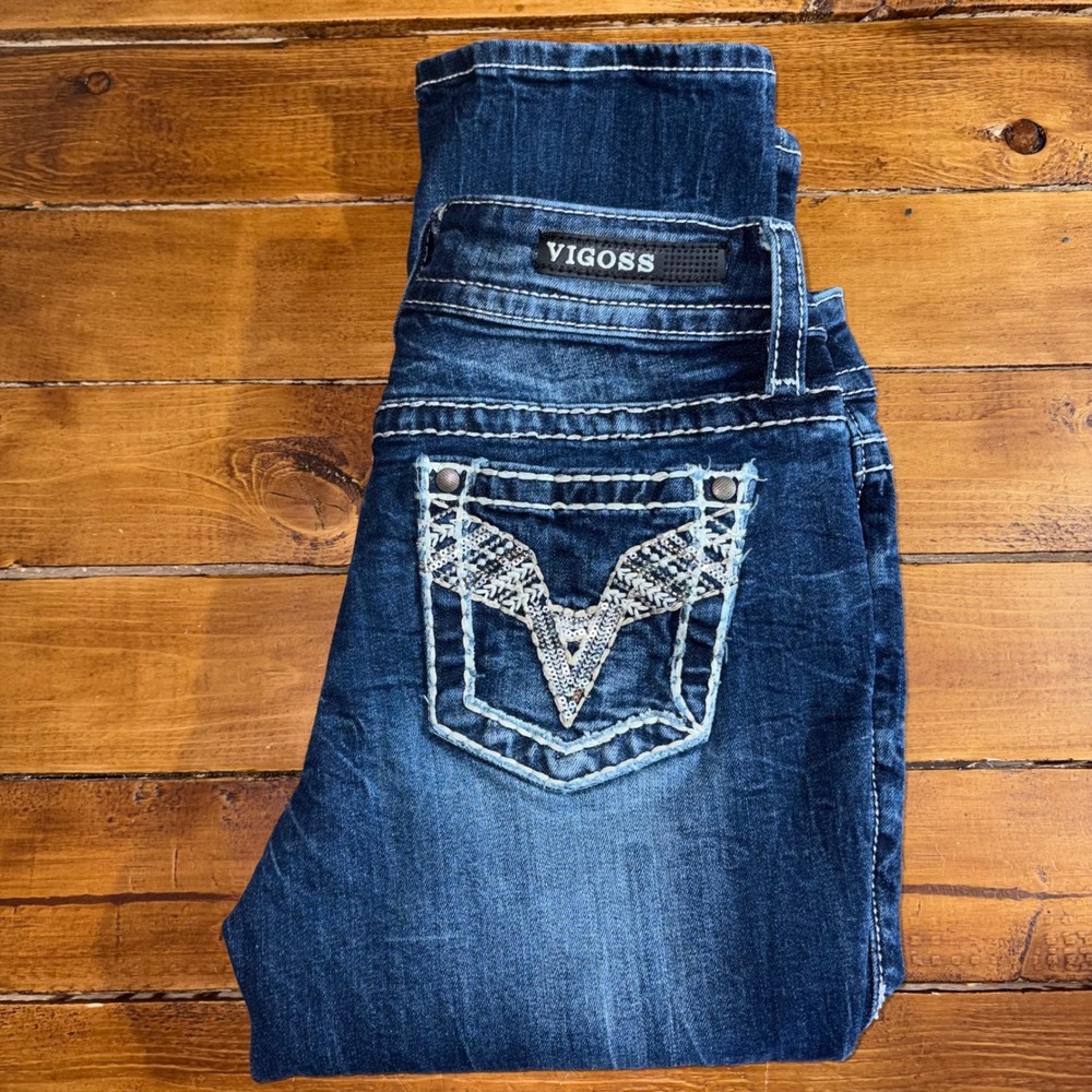 Vigoss Chelsea Capri Jeans Women 3/4 (29x21) Dark Wash Embellished Western Denim